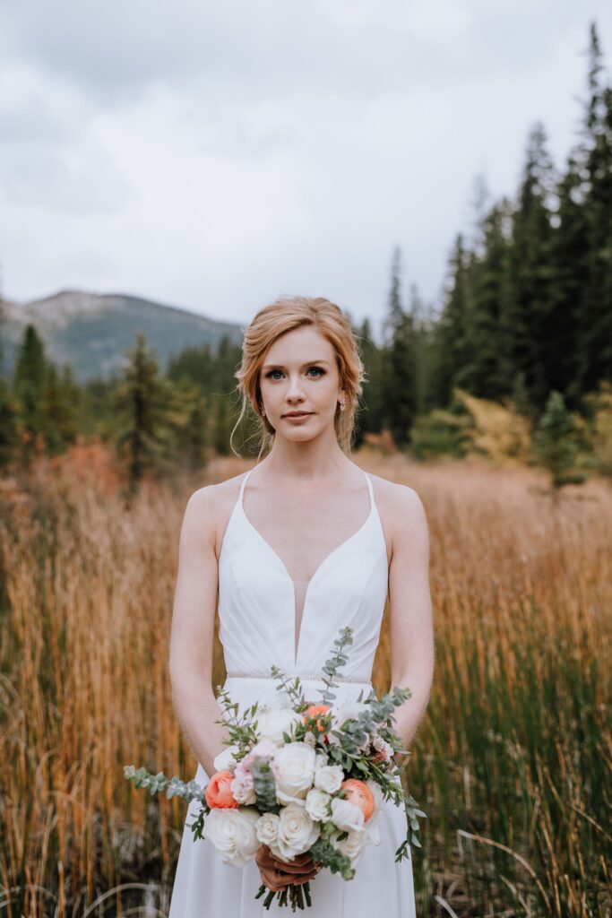Bride Jamie and her stunning bridal bouquet for her wedding in Banff